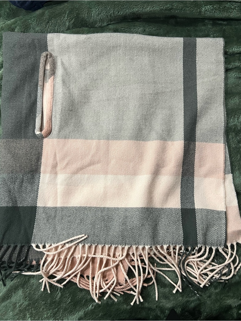 J. Crew Pink, Gray and Cream Plaid Fringe Scarf Wrap
